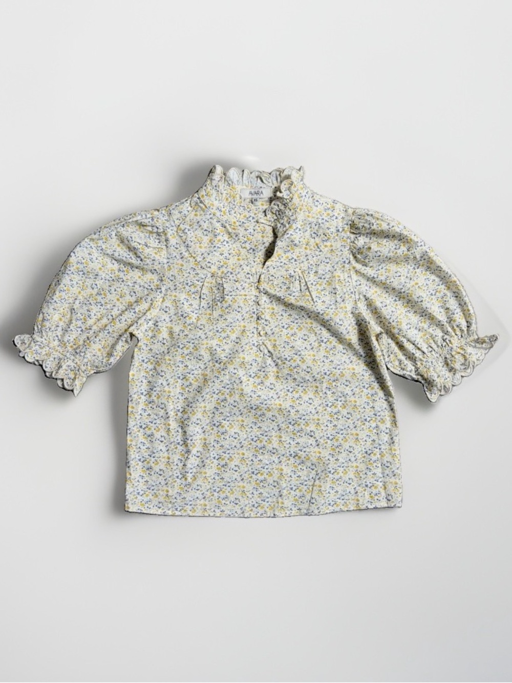 Avara Yellow Blue Floral Scalloped Puff Sleeve Blouse Top Women’s XS Cotton